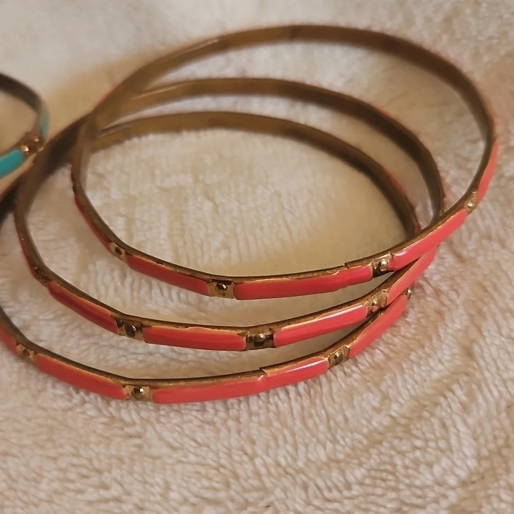 Vintage Set of Six Pink Green and Goldtone Brass Bangle Bracelets